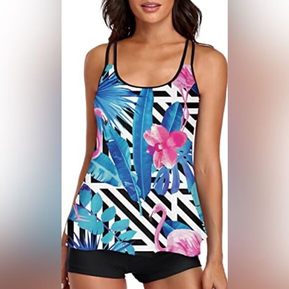 NWT Women’s Black Pink Flamingo Tankini Black Boy shorts Tummy Control - Size L - Picture 2 of 6